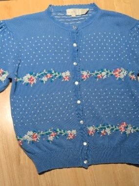 Vintage Blue Floral Knit Button-Front Cardigan